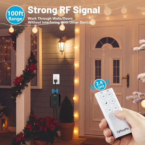Miniatura 4 de TiFFCOFiO Temporizador para exteriores impermeable, control remoto con sensor de atardecer a amanecer, 2 tomas eléctricas con conexión a tierra