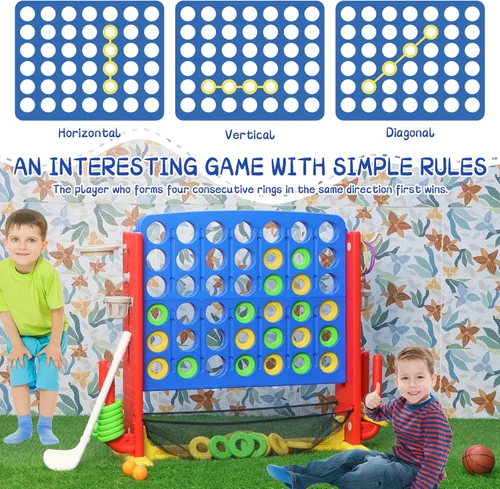 Miniatura 5 de Juego gigante 4 en una fila, juego de patio jumbo de ajuste de altura para niños y adultos con bolsa de captura de malla, golf, aro de baloncesto