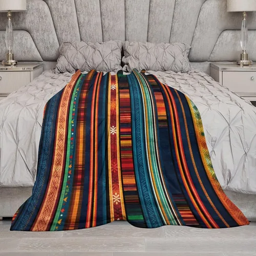 Miniatura 6 de Manta bohemia mexicana retro a rayas multicolor, manta bohemia étnica cálida de 30 x 40 pulgadas, suave manta de felpa mullida y acogedora manta