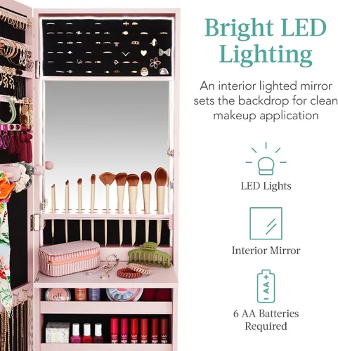 Miniatura 3 de Best Choice Products Armario de joyería con espejo LED, organizador de joyas con cerradura para pared o puerta con espejo, 2 cajones, cerradura