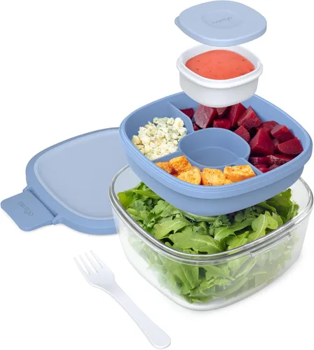 Miniatura 13 de Bentgo Recipiente de Ensalada de Vidrio Todo en Uno - Ensaladera Grande de 61 oz con Tapa, Bandeja Estilo Bento de 4 Compartimentos, Recipiente