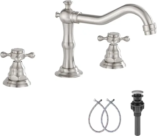 Miniatura 20 de Grifo de 2 manijas para lavabo de baño de tres agujeros, grifo de lavabo extendido, latón antiguo, grifo mezclador con manguera de suministro