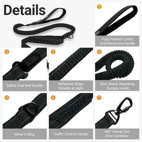 Miniatura 2 de Correa elástica táctica sin tirones para perros medianos y grandes con doble asa (4-6 pies), absorbe los golpes, mango de tráfico y entrenamiento