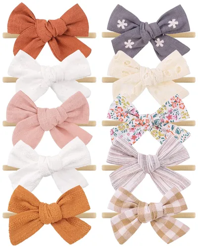 Miniatura 9 de doboi 10 diademas para bebé, lazos para el cabello, de nailon, algodón, lino, hechas a mano, accesorios para el cabello para recién nacidos, niñas
