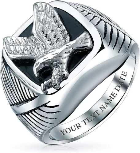 Miniatura 5 de Mens Large Statement Black Patriotic USA Flying American Bald Eagle Square Signet Ring for Men Gold Plated Silver Tone Stainless Steel