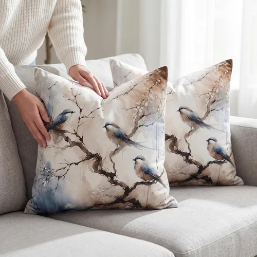 Miniatura 5 de Juego de 2 fundas de almohada decorativas de terciopelo de 18 x 18 pulgadas, estampado de pájaros y ramas en acuarela, felpa suave con acento neutro