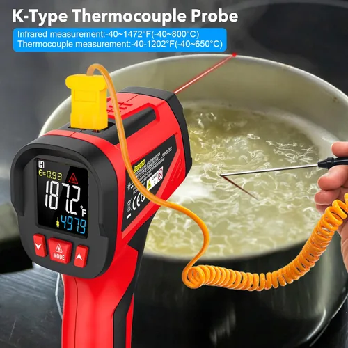 Miniatura 7 de Pistola termómetro infrarroja, pistola de temperatura láser digital con sonda, termómetro IR sin contacto de -40°F ~ 1472°F con emisividad ajustable