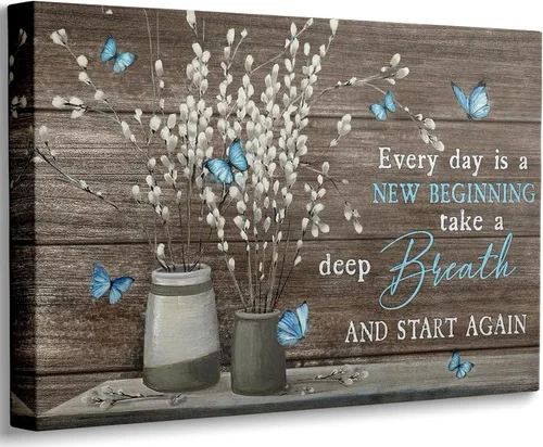 Lienzo de baño de granja, arte de pared, vintage, rústico, flor de campo, mariposa, pintura para decoración de pared, Cada día es un nuevo comienzo,