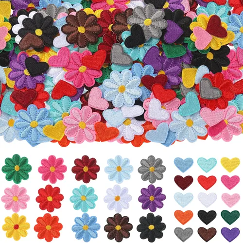 Xinnun 120 parches para planchar, lindo parche de corazón de margarita, parches pequeños bordados, coloridos para coser en ropa, jeans, chaquetas,
