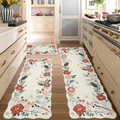 Miniatura 2 de Homcomoda Alfombras florales de cocina para piso, 3 piezas, alfombra de cocina antideslizante de granja, alfombra de cocina lavable, antideslizante