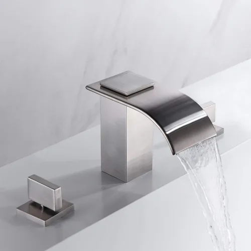 Miniatura 4 de sumerain Grifo de bañera romano de níquel cepillado Grifo de bañera de tres agujeros de montaje generalizado con boquilla de cascada de alto flujo
