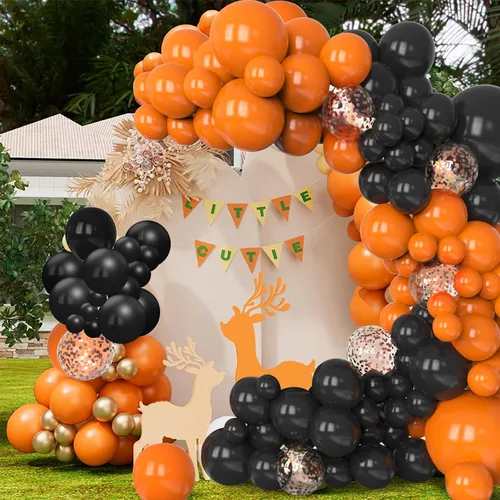 Miniatura 7 de Kit de arco de globos naranjas y negros, 130 globos de confeti de oro rosa para decoración de Pascua, cumpleaños, Halloween, fiesta de cumpleaños