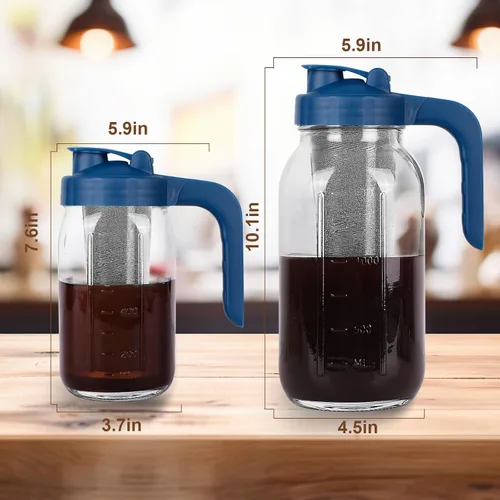 Miniatura 6 de Jarra para hacer café frío, Jarra de vidrio de Mason de 64 onzas de alta resistencia con asa de salida en forma de V y tapa, Filtro de acero Azul