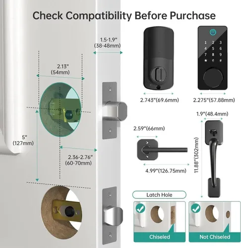 Miniatura 6 de Cerradura de puerta inteligente con mango 6 en 1 sin llave cerrojo de entrada, cerradura de puerta biométrica de huellas dactilares, código