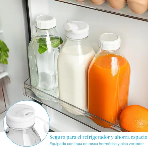 Miniatura 2 de Paquete de 4 botellas de leche de vidrio de 1 litro con escala, tapa de rosca 100% hermética y resistente, tarros de 32 onzas con 2 boquillas