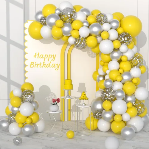 Kit de guirnalda de globos amarillos y blancos, 122 globos blancos y amarillos, globos de confeti plateados metálicos para parrillas de limón,