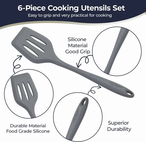 Culinary Couture Juego de 6 Utensilios de Cocina de Silicona Gris, Juego de Utensilios de Cocina de Silicona Antiadherentes Resistentes al Calor con