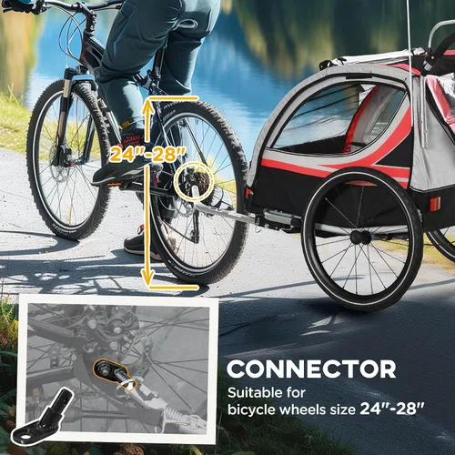 Miniatura 6 de Aosom Remolque de bicicleta de bebé 3 en 1 para niños, 2 plazas, cochecito de bicicleta de alta visibilidad para carro pequeño, accesorio de Rojo