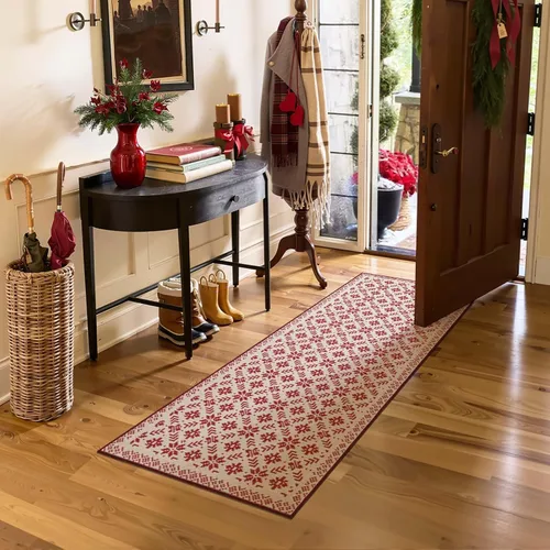 Miniatura 3 de jinchan – Alfombra de camino navideña 2x5 para cocina, pasillo y baño; roja con copos de nieve, decoración navideña, lavable, antideslizante