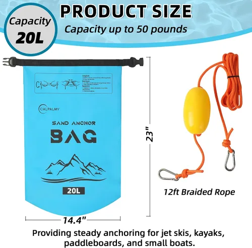 Miniatura 2 de CALPALMY Paquete de 1 bolsa de anclaje de arena de 20 L, ancla 2 en 1 para moto acuática y kayak con boya flotante y cuerda, bolsa seca plegable