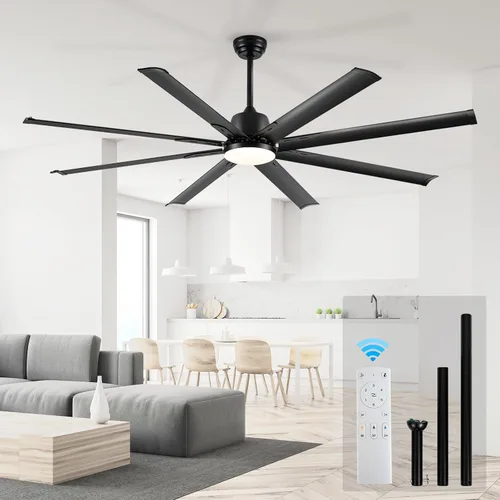 Ventilador Celing de 72 pulgadas con luz y control remoto, ventilador grande con 8 cuchillas de aluminio negro, motor CC silencioso de 6