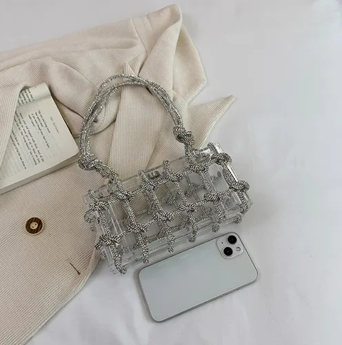 Miniatura 5 de Bolso de acrílico transparente con diamantes de imitación, bolso de mano de noche brillante, bolso anudado adornado con cristal para cóctel, fiesta