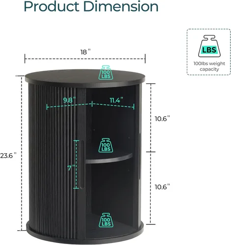 Miniatura 2 de LINSY HOME Mesa Auxiliar Redonda Acanalada, Mesa Lateral Alta con Puerta Tambour Deslizante y Estante de Almacenamiento, Mesita de Noche Moderna