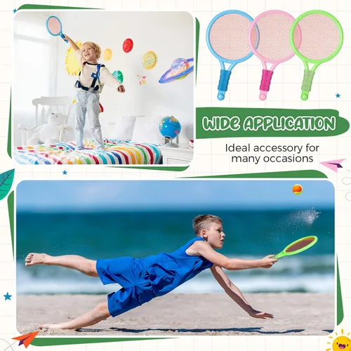 Miniatura 4 de Wettarn 8 raquetas de tenis de plástico para niños, con 4 pelotas de tenis y 4 volantes, juego de raquetas de playa en 3 colores para niños, regalos