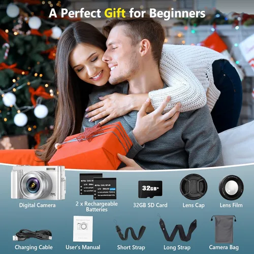 Miniatura 7 de Cámara digital 4K para enfoque automático de fotografía, cámara de vlogging WiFi de 64MP para YouTube con 2 baterías, tarjeta SD, pantalla abatible