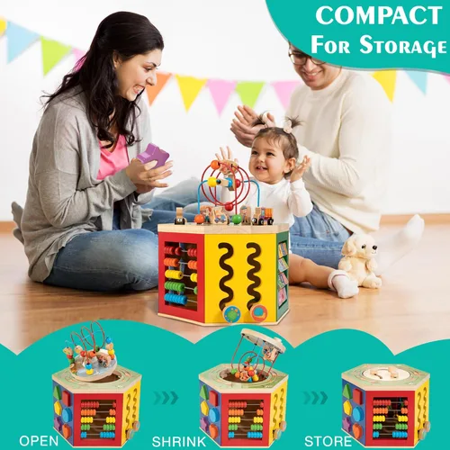 Miniatura 10 de Cubo de actividades grande, centro de juego de madera con temática de granja 9 en 1, juguete Montessori multiusos para bebés, niños pequeños y niños