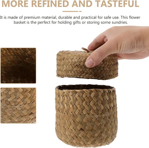 Miniatura 3 de Zerodeko Cesta de pastos marinos con tapa, cesta de flores tejida a mano con tapa, estante de mimbre, caja de almacenamiento pequeña, caja de regalo