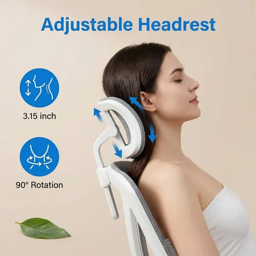 Miniatura 5 de Silla de oficina ergonómica, silla de escritorio de malla blanca y negra con soporte lumbar ajustable y reposacabezas, ruedas giratorias de 360°