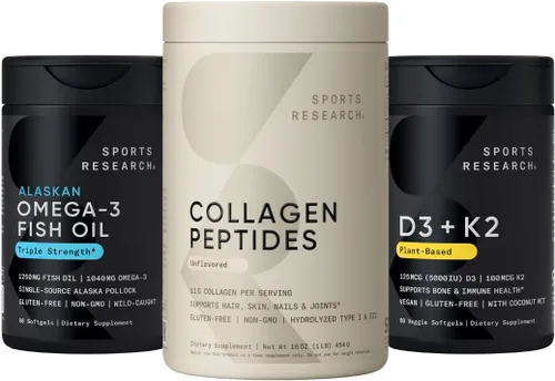 Sports Research® Paquete de multivitaminas - Proteína hidrolizada de colágeno en polvo tipo 1 y 3, aceite de pescado omega-3 de abadejo de Alaska