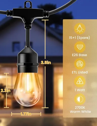 Miniatura 4 de Svater Cadena de luces LED para exteriores de 50 pies, luces de patio con 16 bombillas S14 inastillables, 1 vatio, E26, regulable, 2700 K, blanco