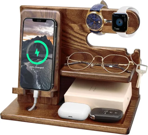 Estación de acoplamiento de madera para teléfono, soporte para llaves, mesita de noche, regalo de aniversario para esposa, marido, regalos para