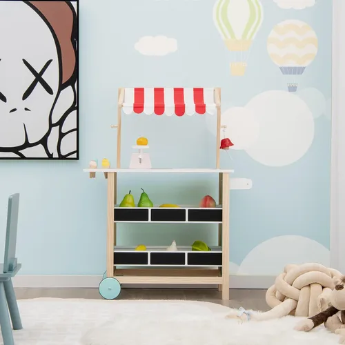 Miniatura 8 de HONEY JOY Carrito de Helados para Niños, Set de Juego de Tienda de Abarrotes de Madera con 6 Piezas de Comida de Juguete, Campana Realista y Báscula