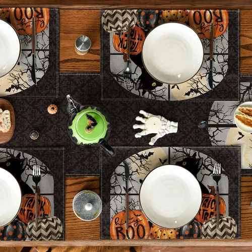 Miniatura 4 de Artoid Mode Boo - Juego de 4 manteles individuales de Halloween con diseño de calabazas de gato negro, 12 x 18 pulgadas, para decoración de fiestas