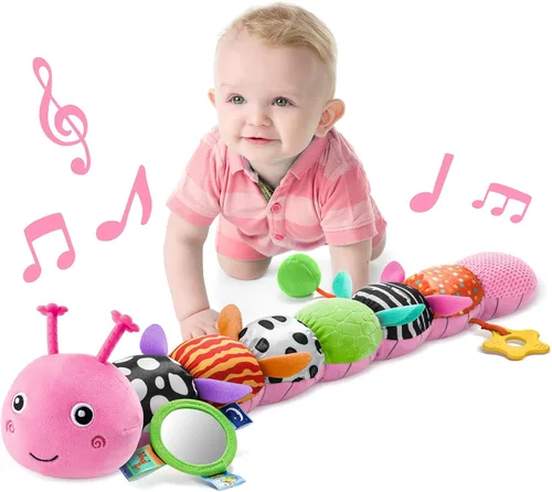 Miniatura 10 de LIGHTDESIRE Juguetes musicales para bebé, oruga, juguetes para bebés, animales de peluche con diseño de regla, espejo, cuerda de tirar y campana