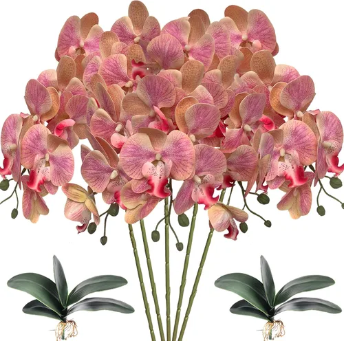 Miniatura 13 de HinyoCo 5 piezas de orquídeas artificiales y 2 paquetes de hojas, flores artificiales de Phalaenopsis de 32 pulgadas para decoración del hogar