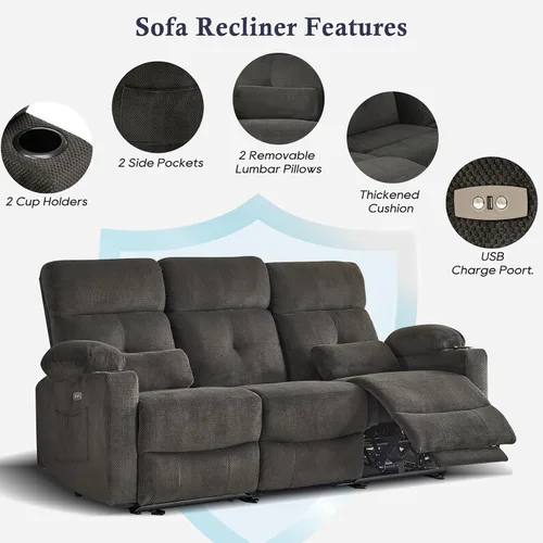 Miniatura 6 de Sofá reclinable eléctrico de 80 pulgadas con calor y masaje, sofá reclinable eléctrico con reposapiés extendido, sofá reclinable de 3 plazas con Gris