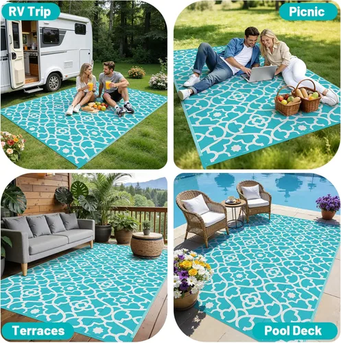 Miniatura 6 de HEBE Alfombra de Exterior Impermeable 6x9, Alfombra de Paja de Plástico Alfombra de Camping, Alfombras de Patio Exterior Reversibles Tapete para RV