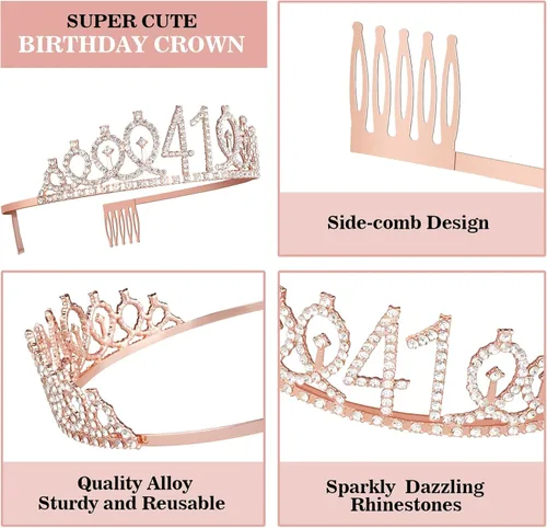 Miniatura 4 de Decoraciones de cumpleaños número 41 para mujer, que incluyen banda, corona/tiara, velas numéricas y adorno para pastel, regalos para mujeres de 41
