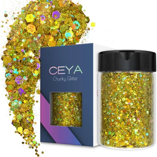 Miniatura 20 de Ceya Brillantina gruesa holográfica, 1 libra/16 onzas, oro diamante a granel, purpurina mixta gruesa y fina embotellada con lentejuelas metálicas
