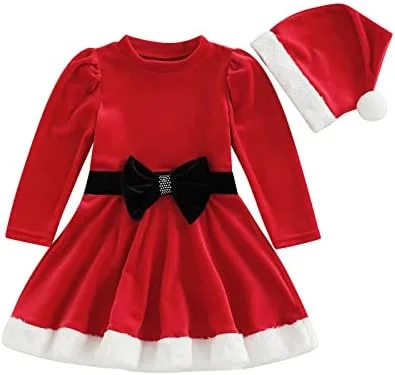 woshilaocai Vestido de Navidad para niñas pequeñas, vestido de terciopelo con lazo de Papá Noel con sombrero, vestidos de fiesta para fotos