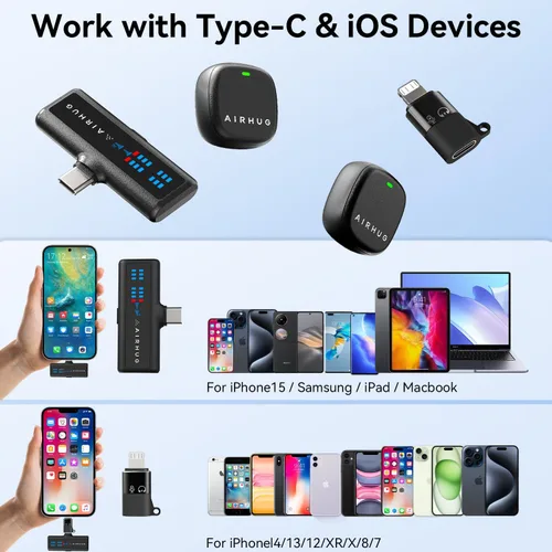 Miniatura 9 de AIRHUG Micrófono Lavalier inalámbrico para iPhone/Android/PC, batería de 60 horas, 48 KHz 24 bits, relámpago Plug-Play/USB-C, 3 modos de grabación