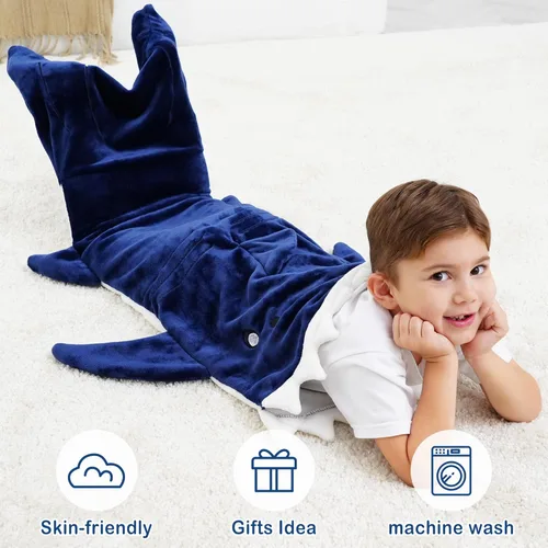 Miniatura 2 de Softan Manta de tiburón para niños, franela suave, juguetes para niños, manta de forro polar con cola de tiburón, azul oscuro, cálida y suave