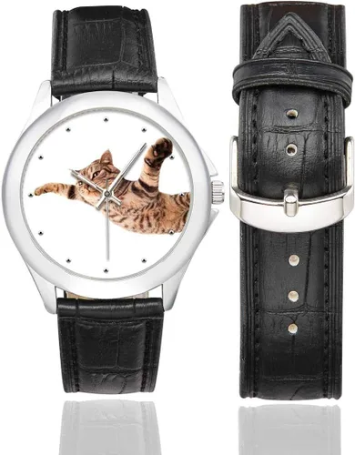 Miniatura 2 de Funny Cats - Reloj clásico de acero inoxidable para mujer, resistente al agua, correa de cuero, color negro, Negro