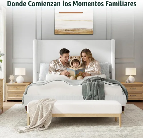 Miniatura 3 de Jocisland - Base de cama tapizada tamaño Queen con cabecera de ala alta de 51.2" con patas de madera maciza, no necesita cajón de resortes