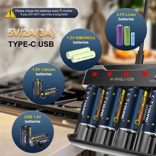 Miniatura 4 de Baterías recargables C 1.5V 4 paquetes con cargador de batería universal Litio USB, 5500 mWh, compatible con pilas AA AAA C D