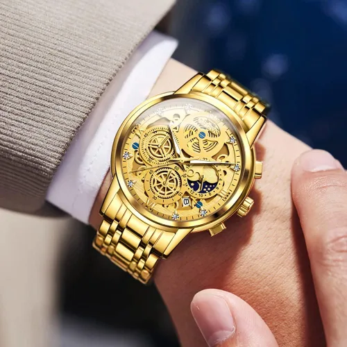 Miniatura 3 de OLEVS Reloj de pulsera para hombre, esqueleto de acero inoxidable, cronógrafo de cuarzo de lujo, impermeable, relojes luminosos para hombre